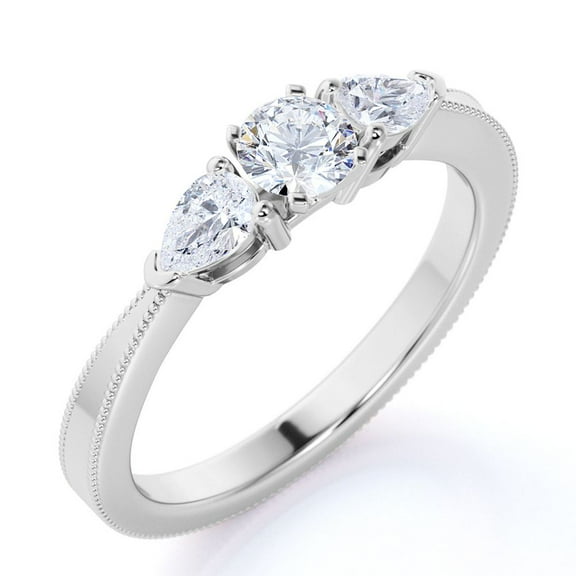 JeenMata Round and Pear Shaped Diamond - 3 Stone - Past Present Future - Beaded - Engagement Ring - 10K White Gold
