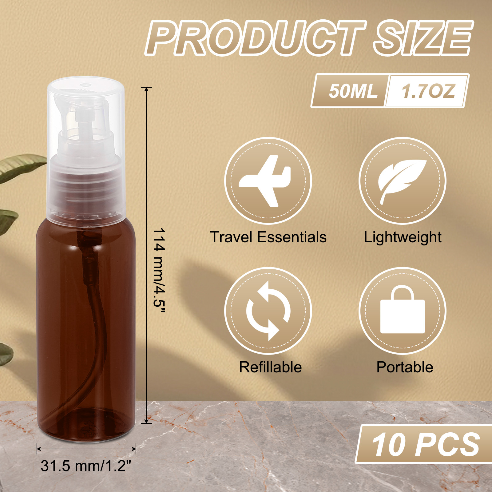 Uxcell 10Pcs Travel Pump Bottle, Empty Pump Bottle Dispenser, 1.7oz Clear Brown