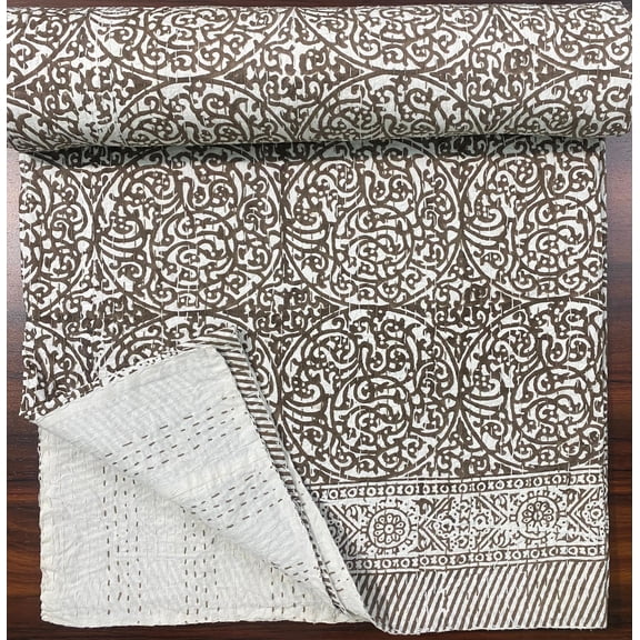 Brown Floral Block Print Indian Kantha Bedspread, Hand Stitched Pure Cotton Coverlet, Artisan Made Boho Home Bedding