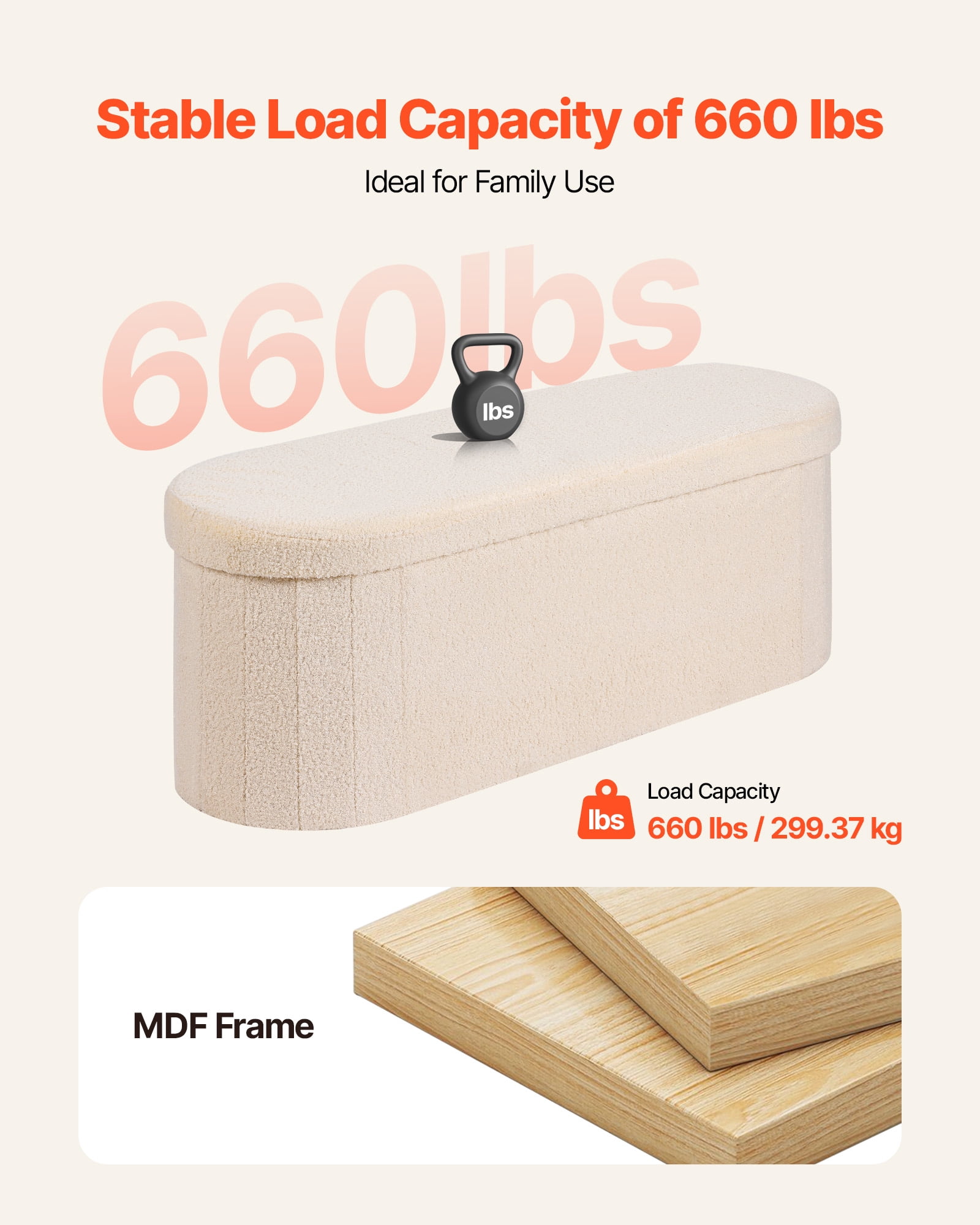VEVOR Oval Storage Ottoman Bench, Foldable Teddy Fleece End of Bed Bench, Folding Upholstered Bed Ottoman Chest with Large Storage Space, Supports 660 lbs, for Living Room, Bedroom, Entryway, Beige