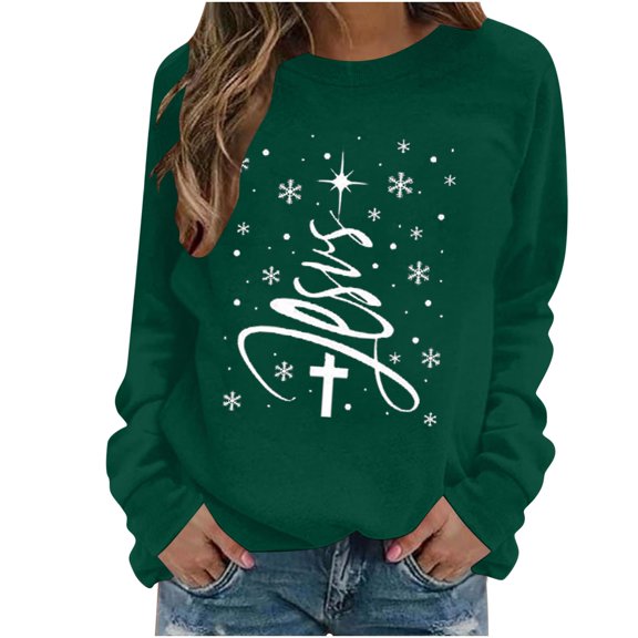 Christmas Sweatshirts for Women Loose Fit Christian Printed Vintage Xmas Tree Holiday Tops Casual Pullovers (XS, Green)