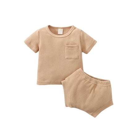 

Nokpsedcb Summer Newborn Baby Boy Girl Clothes Set Ribbed Outfits Unisex Infant Solid Cotton Button Short Sleeve Tops Shorts 2PCS Yellow 6-12 Months