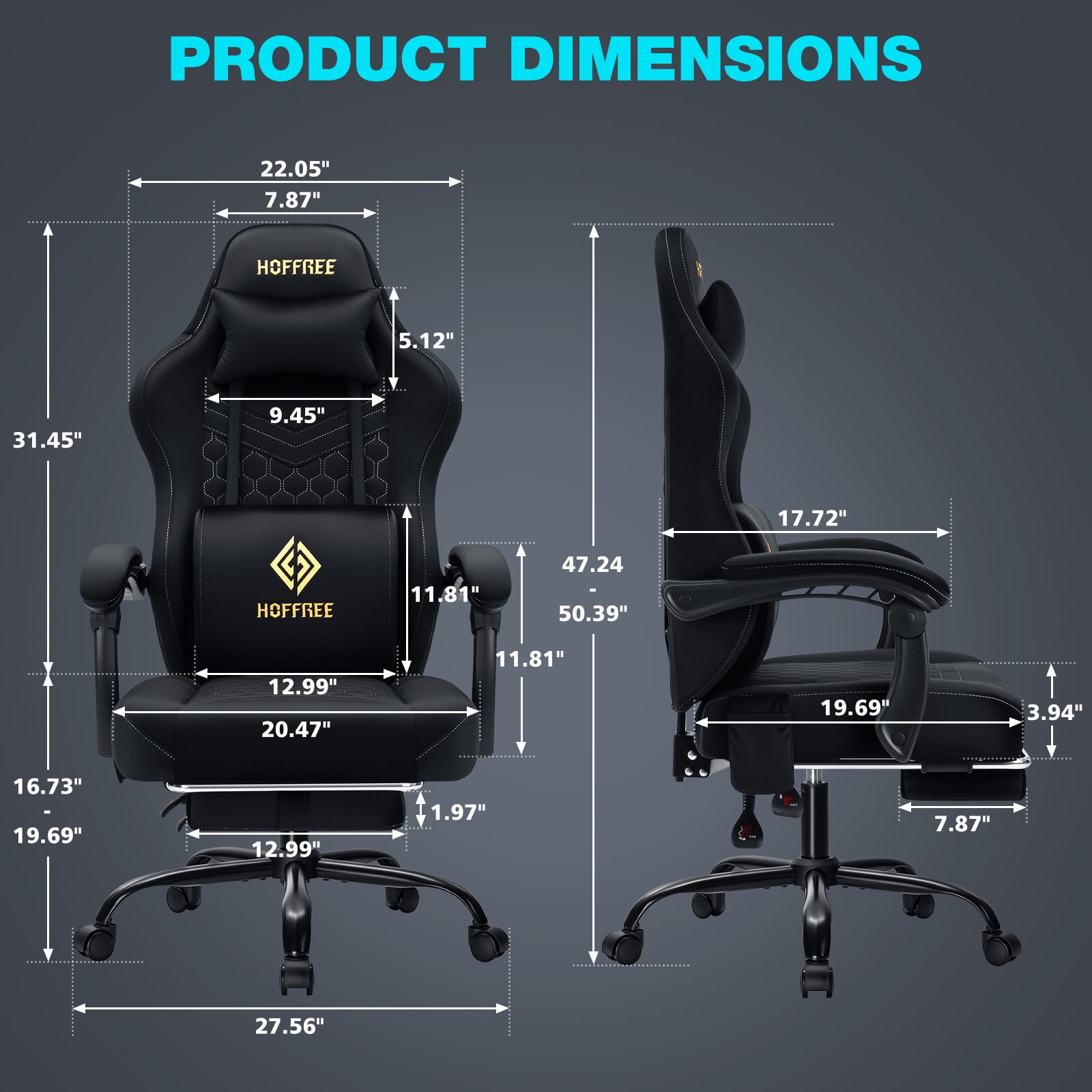 HOFFREE Gaming Chair with Massage and Footrest Skin-friendly Gamer Chairs for Adults Big and Tall Video Game Chair with Headrest and Lumbar Support for Office and Home Black