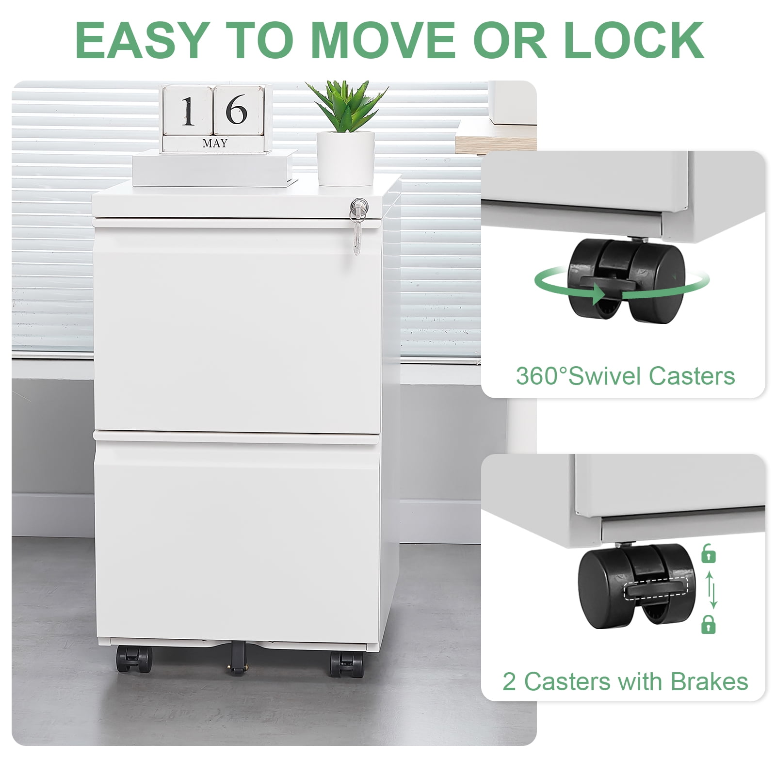NICEGDLT 2 Drawer Mobile File Cabinet,Under Desk Anti-tip Files Cabinet,Metal Storage Filing Cabinet with Lock and Wheels,Office Storage Cabinet for Legal/Letter/A4 File,White