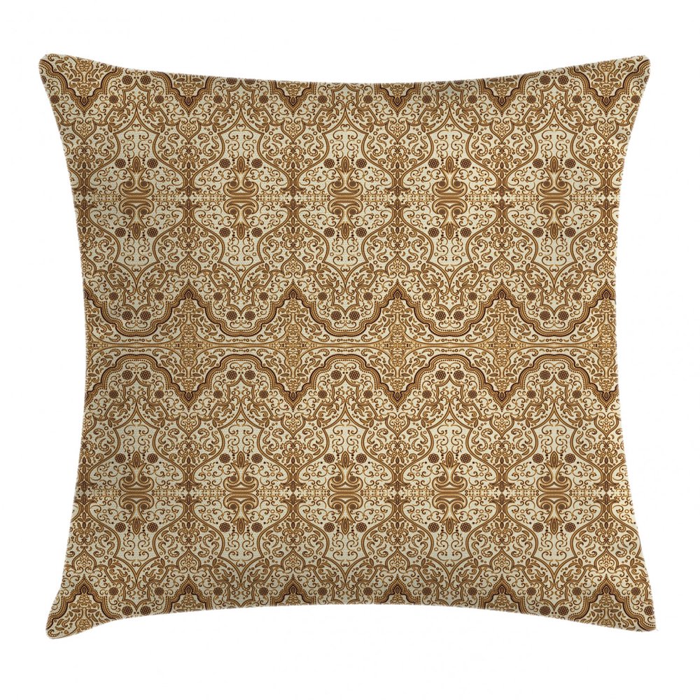 Arabesque Throw Pillow Cushion Cover, Middle Eastern Arabic Folk Luxury Lace Pattern Traditional