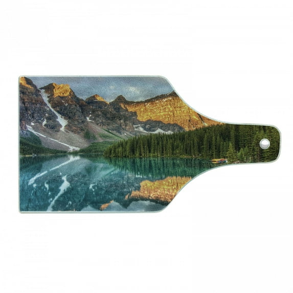 Nature Cutting Board, Moraine Lake Canadian Mountain Range with Creek Pine Forest Mother Earth Scenery, Tempered Glass Cutting and Serving Board, Wine Bottle Shape, Multicolor, by Ambesonne