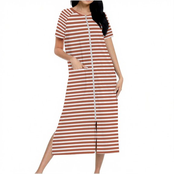 Dasayo Night Gowns for Women Zip up Long Fall Sleep Dresses Side Split Striped Sleepwear Gowns for Women Sleepwear L