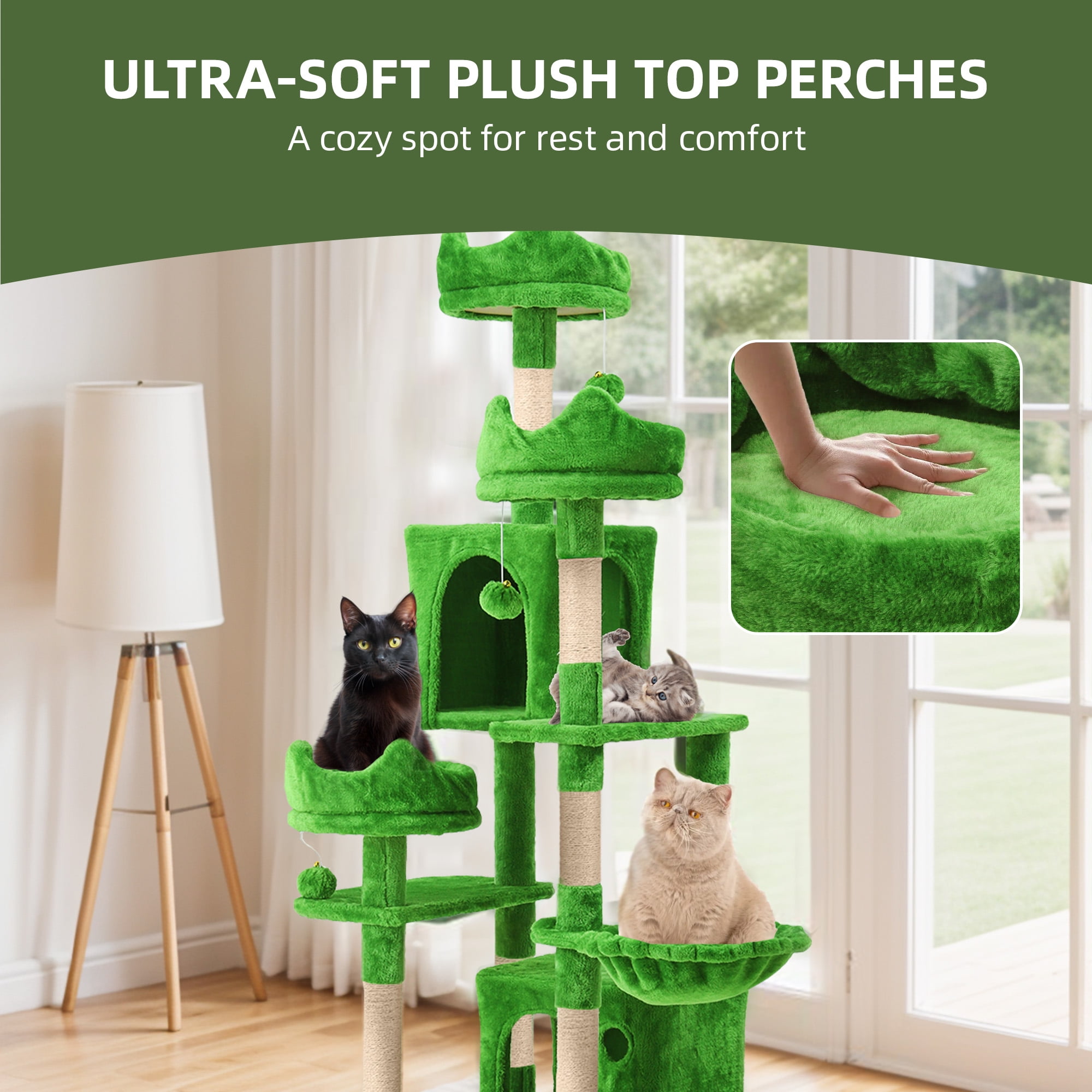 Uforic 75" Multi-Level Green Cat Tree Tower with Hammocks and Scratching Posts
