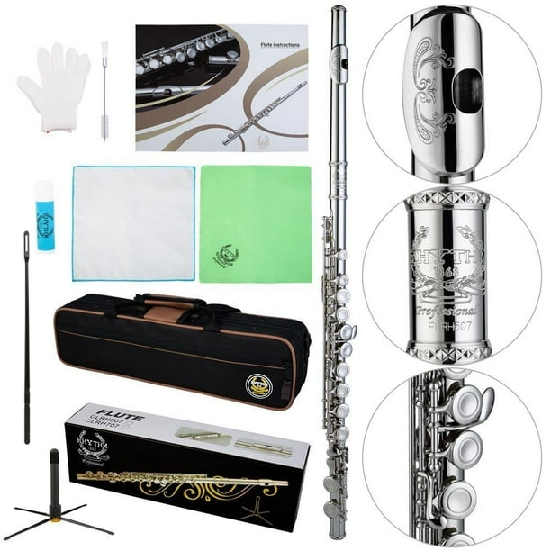 Flautas Rhythm C con flor grabada, orificio cerrado, flauta de 16 teclas para estudiantes, principiantes con soporte, estuche de transporte, kit de limpieza, guantes, varilla de afinación, níquel