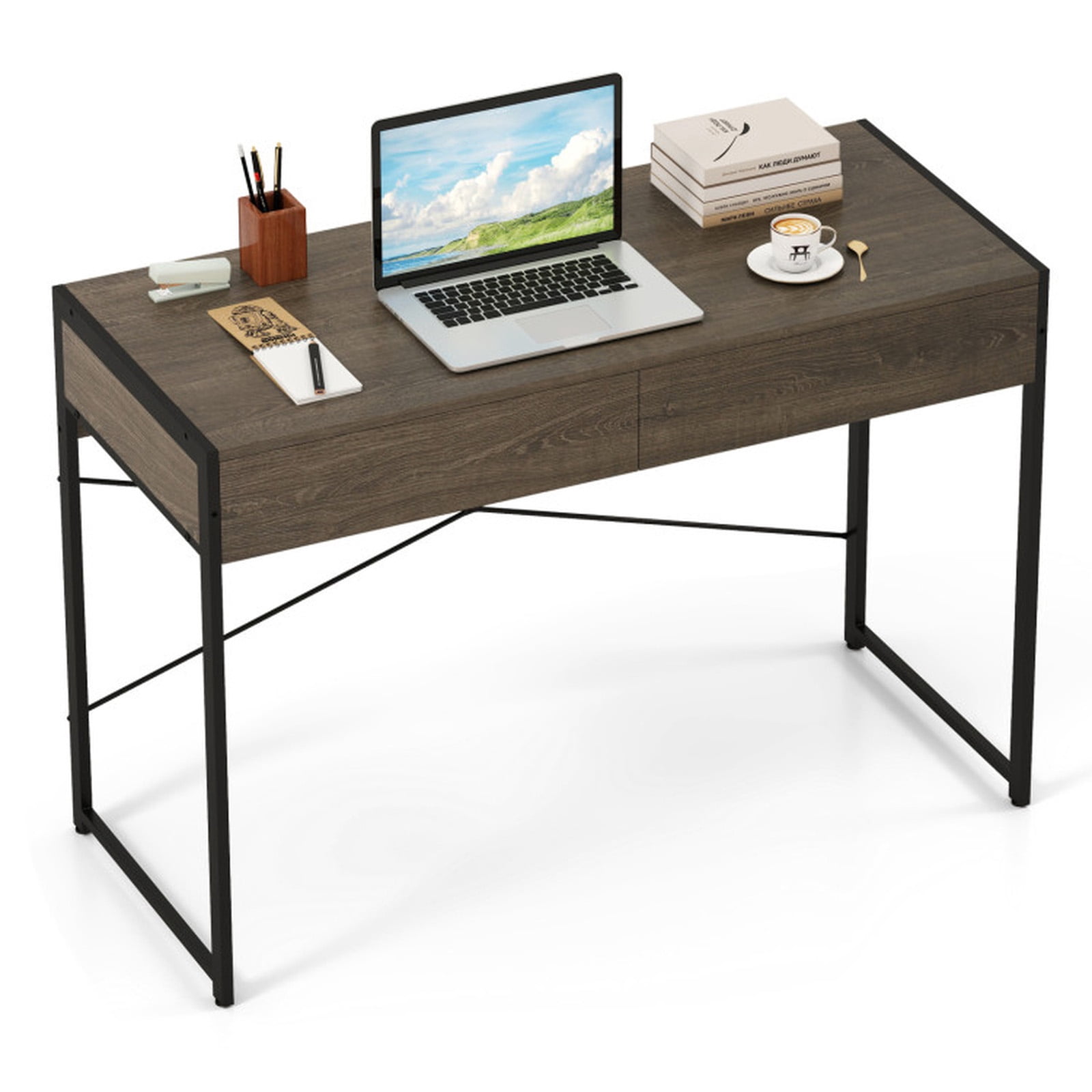 Furnibear 44 Inch Computer Desk with 2 Drawers Home Office Writing Desk Metal Frame X Bracket Engineered Wood Top 200 lbs Capacity Oak