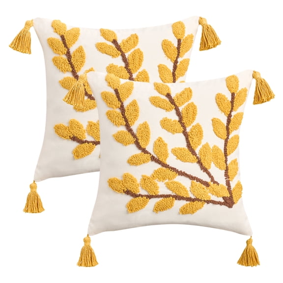 Unique Bargains Boho Pillow Cover with Tassels Set of 2 Yellow Small Leaves 18" x 18"