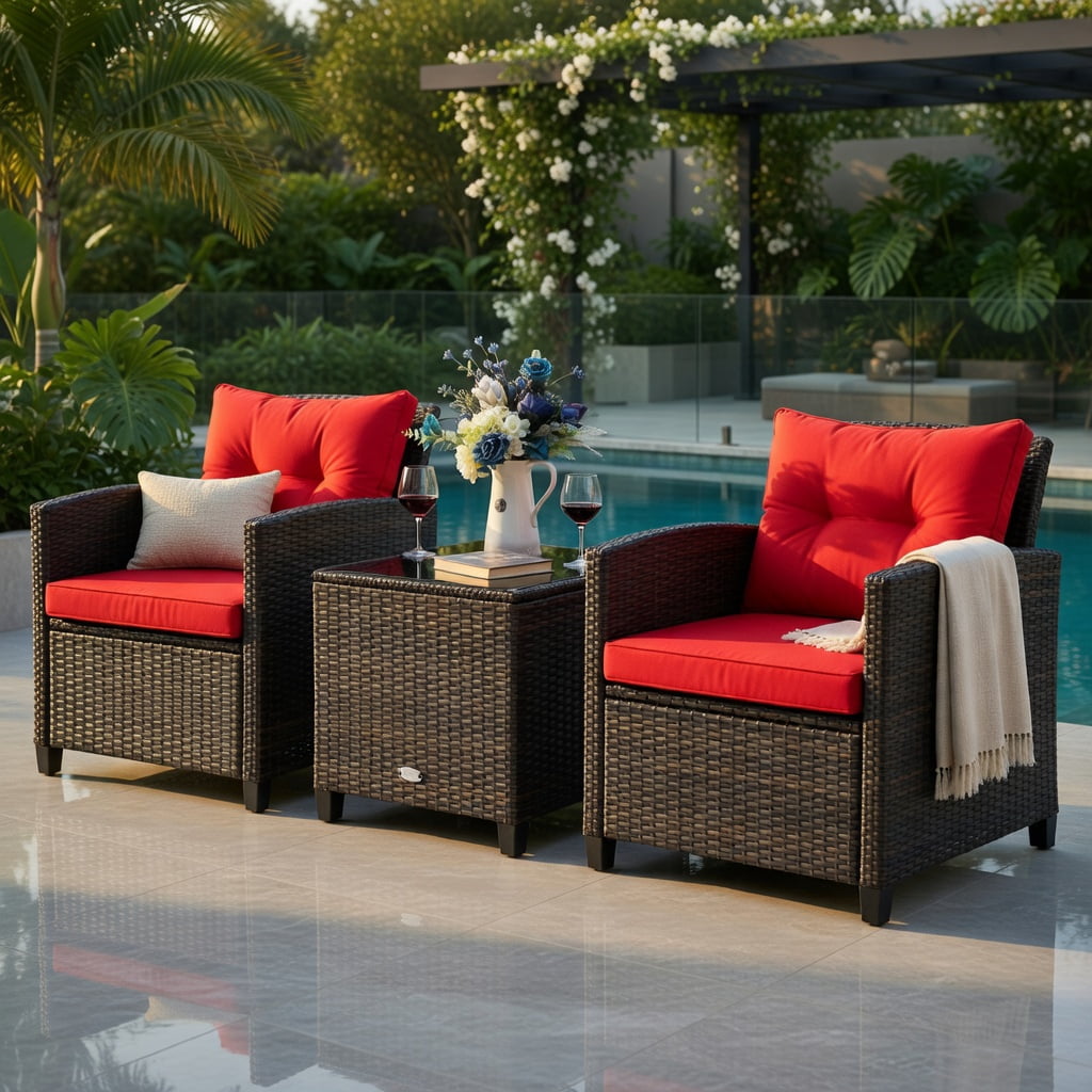 Hommoo 3-Piece Outdoor Rattan Patio Furniture Set with Cushions, Wicker Conversation Set Including 2 Armchairs & Coffee Table with Tempered Glass Top, Red