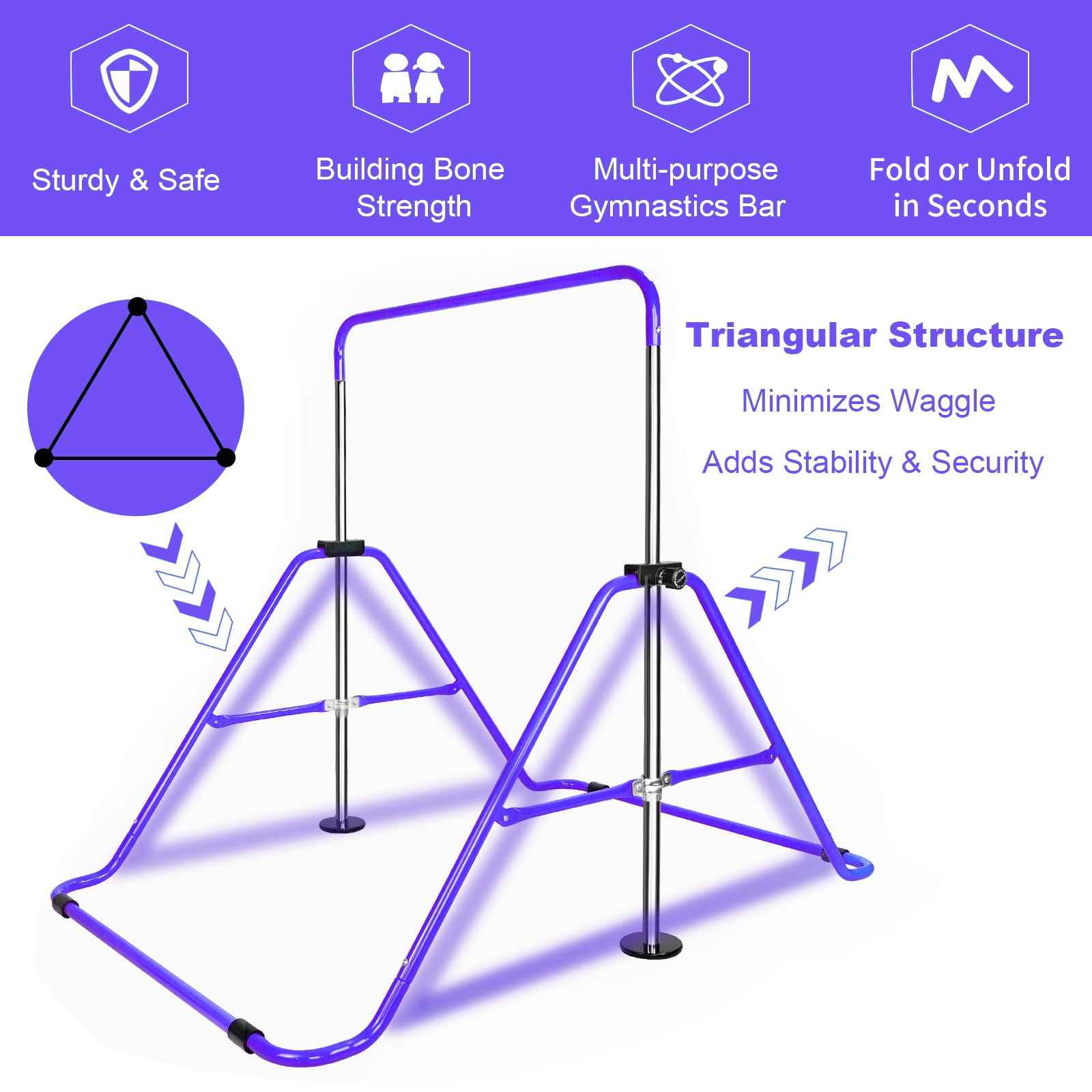 Aukfa Expandable Gymnastic Bars,Adjustable Height Gymnastic Horizontal Bars for Kids, Folding Training Bars,Purple