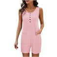 thumbnail image 5 of Summer Rompers for Women Jumpsuit Shorts Casual Loose Fit Summer Women's Fashion Sleeveless Crew Neck Buttons Overalls with Pockets S-2XL, 5 of 6