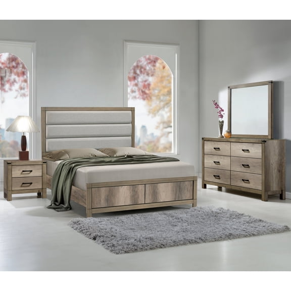 5pc Full Size Upholstered Bed Set Weathered Gray Finish Wooden Bedroom Furniture