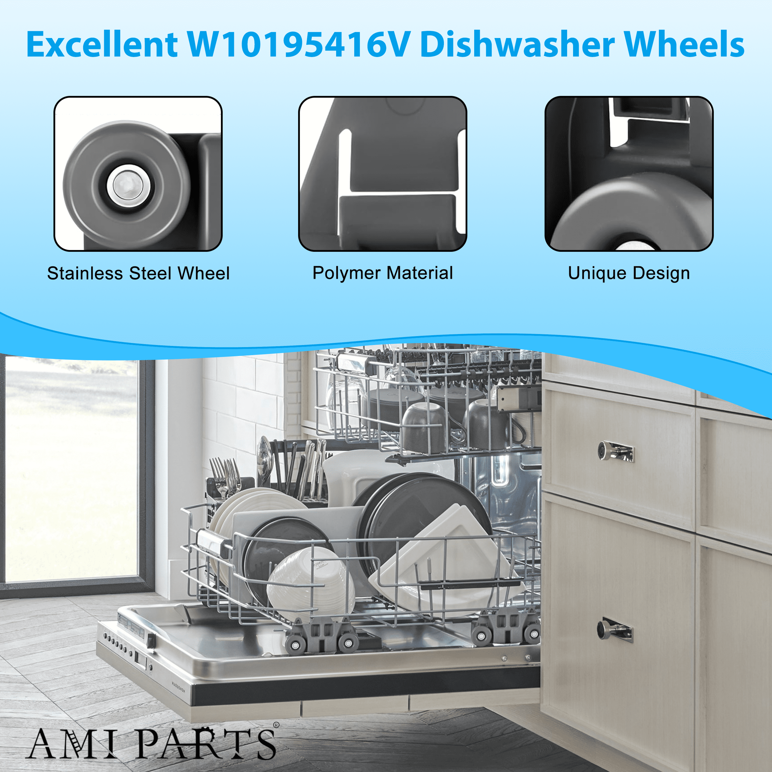 AMI PARTS W10195416V Lower Wheel Dishwasher Dish Rack Roller for Whirlpool W10195416 W10195416VP