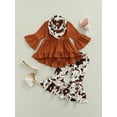 thumbnail image 2 of Franhais Kid Girl 3-Piece Suit, Long Ruffle Sleeve A-Lined Tops Wide-Leg Dye Printed Casual Trousers + Scarf, 2 of 8
