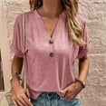 thumbnail image 4 of sunsanly Women Summer Top V Neck Button Decor Short Sleeves Solid Color Loose Match Pants Pullover Cotton Casual Summer Blouse Women Clothes, 4 of 7