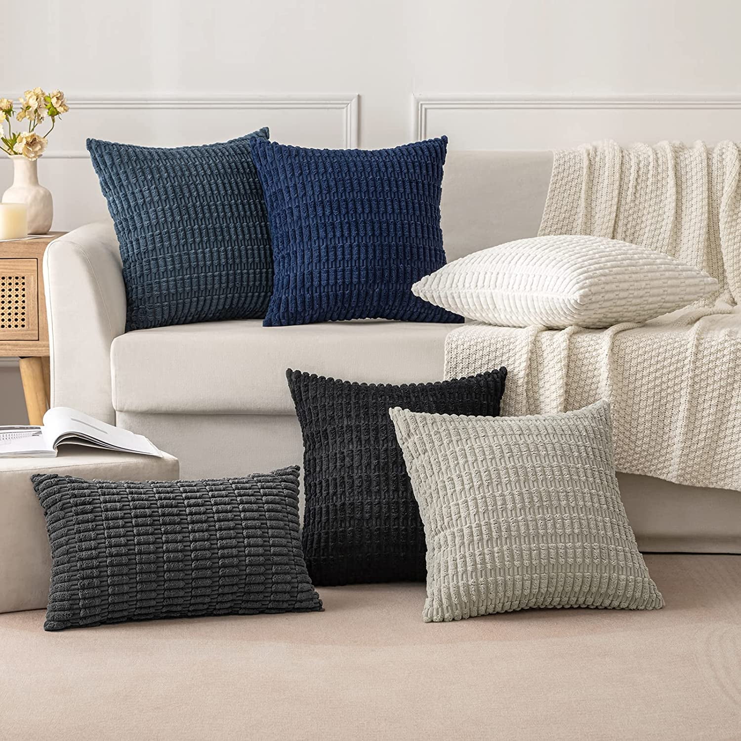 Wehilion Pack of 2 Corduroy Decorative Throw Pillow Covers Soft Boho Striped Pillow Covers Modern Farmhouse Christmas Home Decor for Sofa Living Room Couch Bed