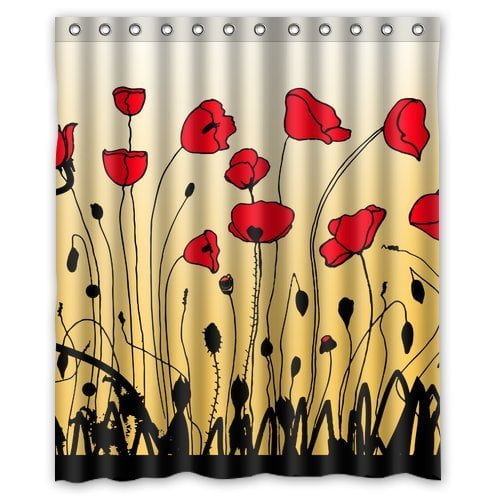 MOHome Red Poppy Shower Curtain Waterproof Polyester Fabric Shower