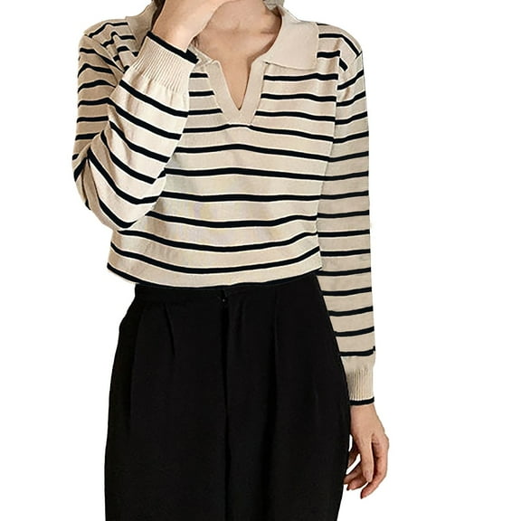 ZHENHONG V Neck Shirts for Women Long Sleeve, Women's Vintage Striped Long Sleeve Knitted T Shirt In Contrasting Colors Going Out Summer Tops