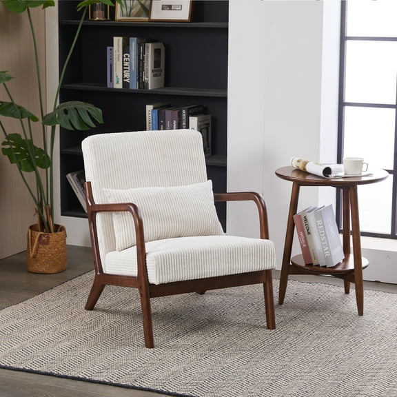 Tcbosik Accent Chair, Upholstered Mid Century Modern Chair with Pillow, Comfy Reading Chair, Armchair with Solid Wood Frame for Living Room, Guest Room, Bedroom, Beige