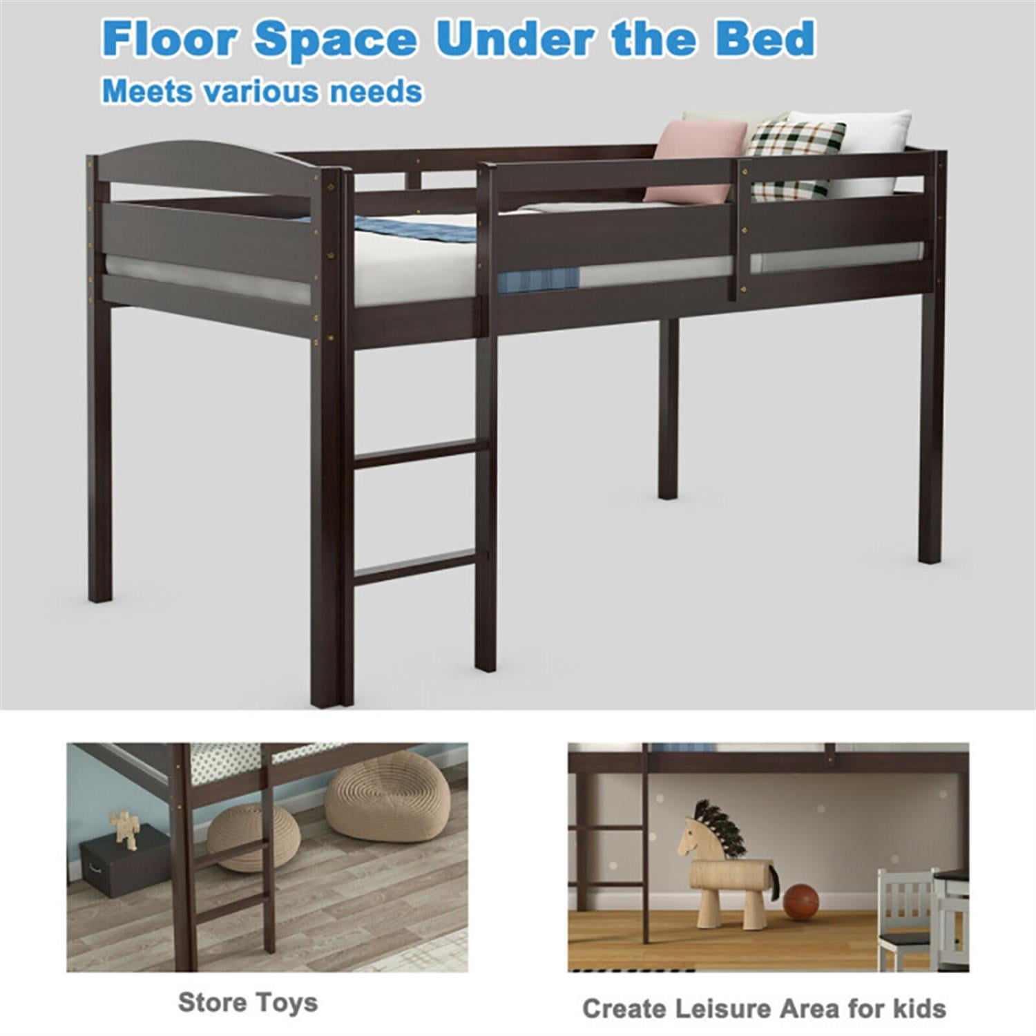 Demi Bonn Loft Bed Twin Size, Solid Wood Low Loft Bed with Guard Rail and Ladder, Modern Wooden Loft Bunk Bed Frame, Brown