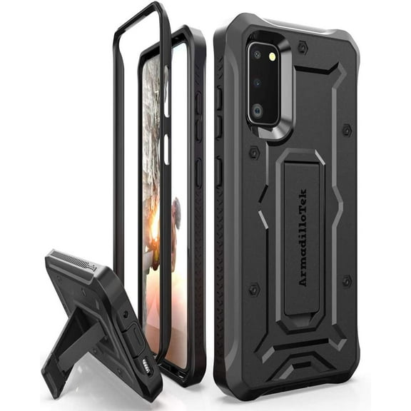 ArmadilloTek Vanguard Case Compatible with Samsung Galaxy S20 (6.2 inches) Military Grade Full-Body Rugged with Built-in Kickstand [Screenless Version] - Black