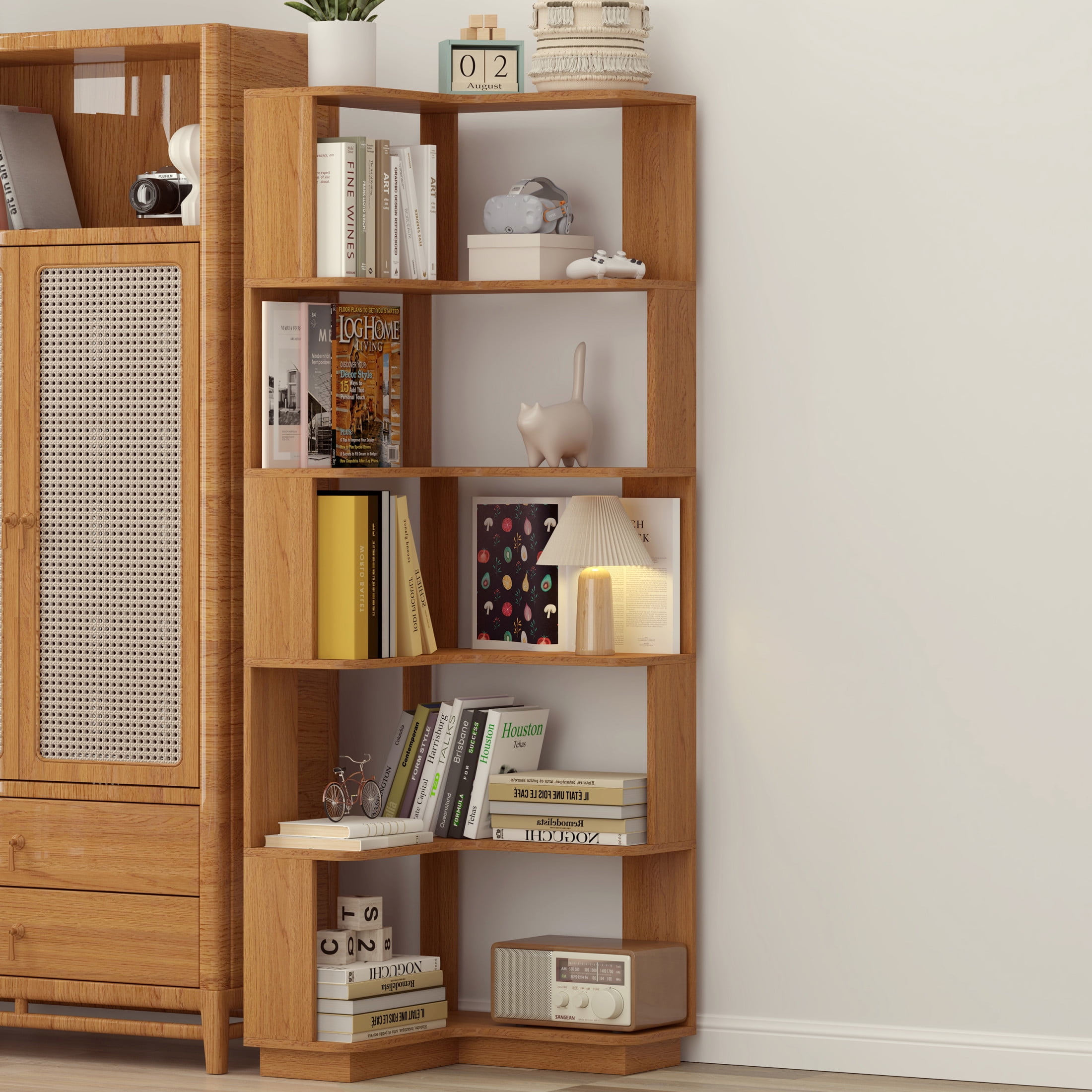Noble House Vayen 65" L-Shaped Corner Bookshelf, 6-Tier Anti-Drop Wooden Bookcase, Open Storage Rack, Dark Oak