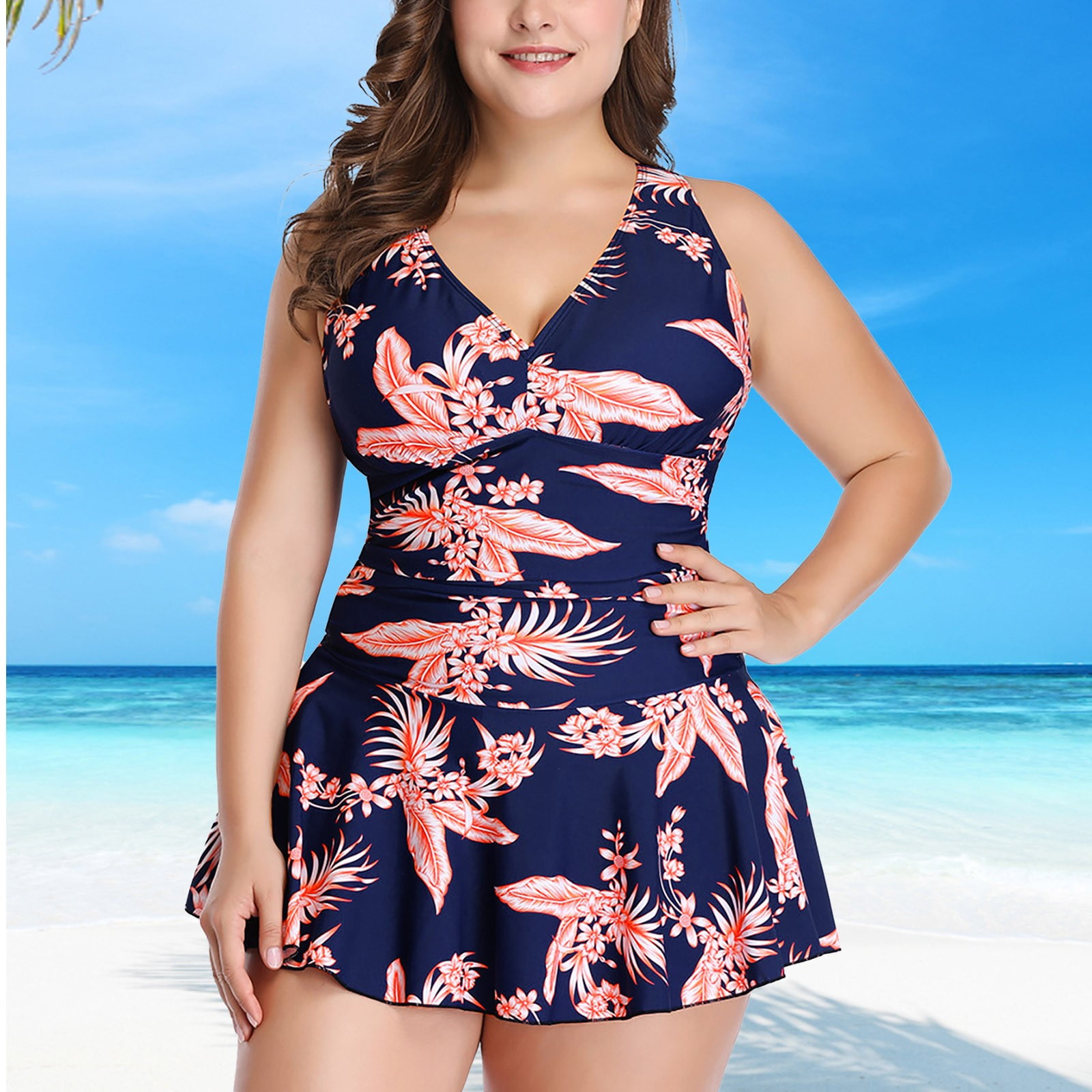 Plus Size Swimsuit Women, Tummy Swimdress Two-Piece Swimwear with Flared Skirt Bikini Bathing Suits - Walmart.com