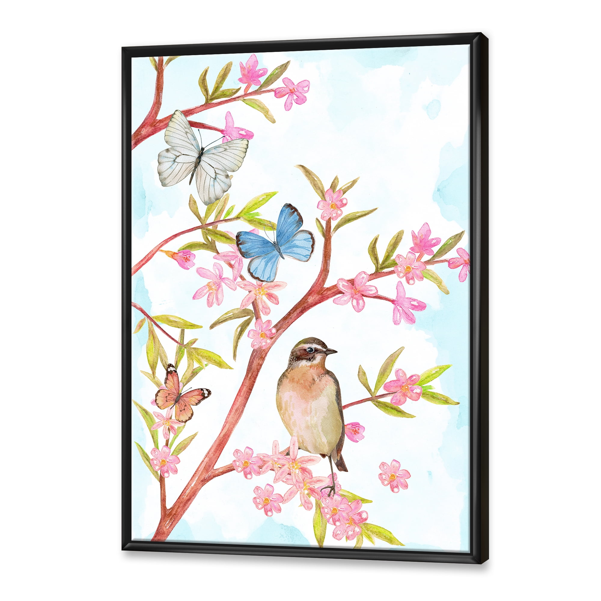 Designart 'Clever Bird Sitting On Branch of A Spring Tree With Butterflies' Traditional Framed Canvas Wall Art Print