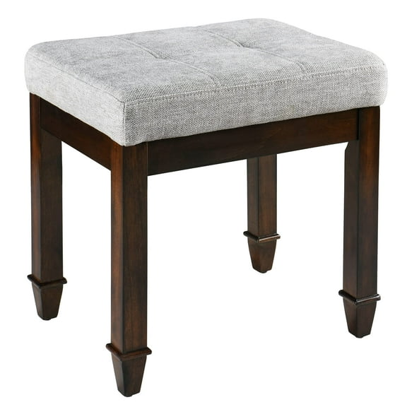 JESONVID Solid Wood Upholstered Vanity Bench, Fabric Tufted Foot Stool Small Vintage Ottoman with Padded Cushion Seat Carved Footrest Rustic Legs for Bedroom Living Room Dark Grey 318LG