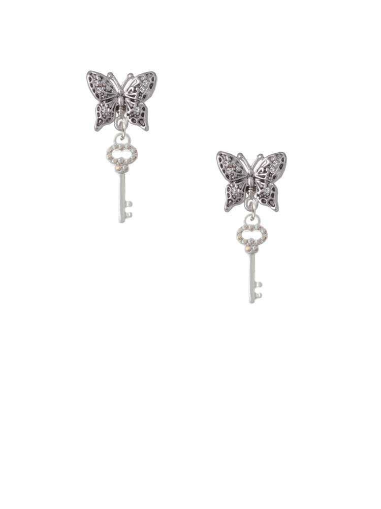Delight Jewelry Silvertone Small Clear AB Crystals Oval Key Silvertone Antiqued Butterfly Post Earrings