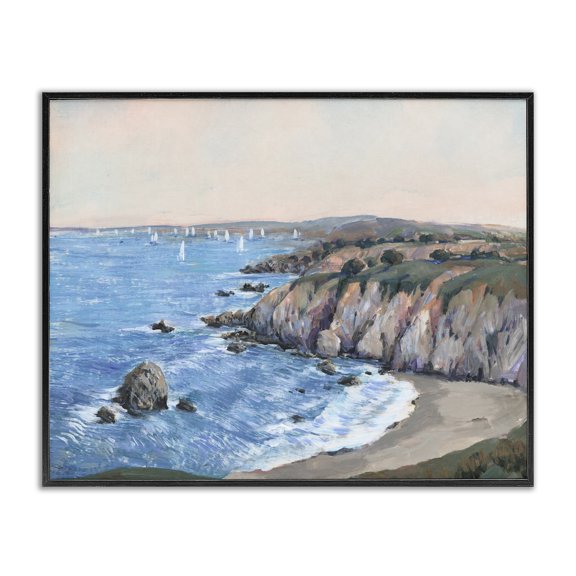 Stupell Industries Tropical Ocean Coast Cove Distant Sailboats Beach Cliff Landscape Black Framed Giclee Art, 14 x 11, by Tim O'Toole