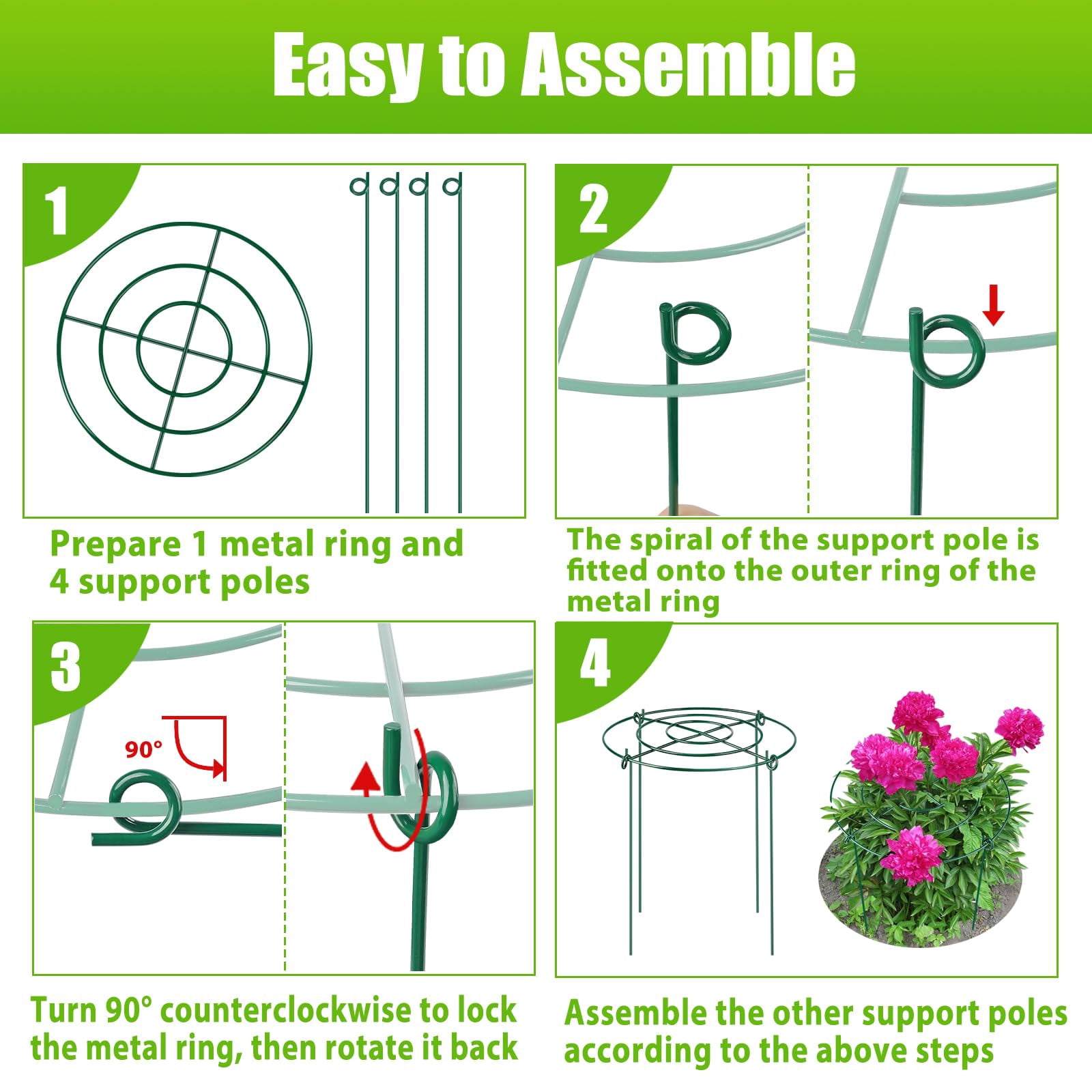 SLUMLOVE 4 Pack Peony Cages and Supports,11.8x16 Inch Heavy Duty Metal Plant Support Cage-Rust‑Resistant Flower Support Rings for Peonies, Roses, Tomatoes, Hydrangeas & Outdoor Plants