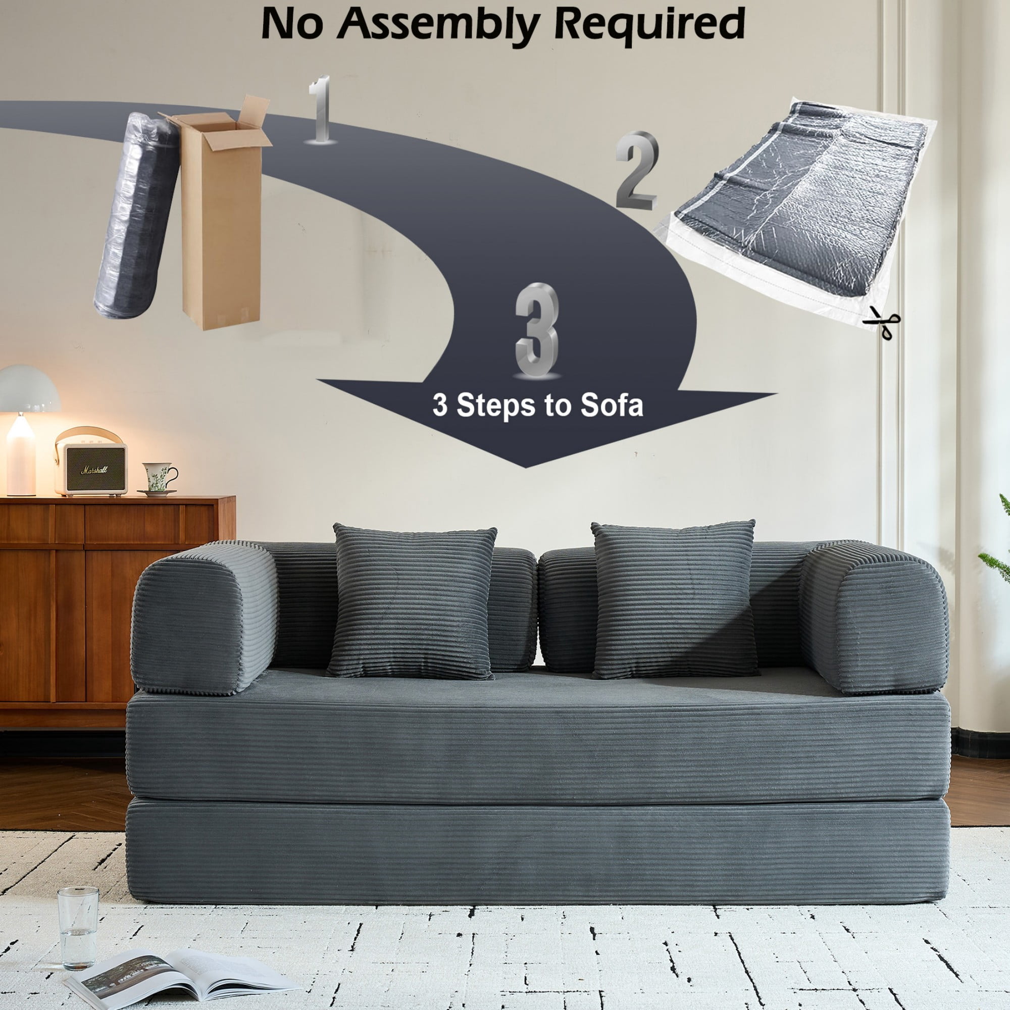 BSHTI 77" Corduroy Convertible Sleeper Sofa Bed with Cylindrical Pillow, No Assembly, Small Space for Living Room（Gray）