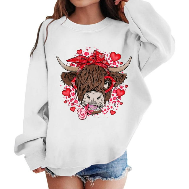 PMVFHDE Chandail Personnalisé Filles Mode Décontractée Col Rond Sans Capuche Manches Longues Imprimé Saint-Valentin Blanc, 4-5 Ans