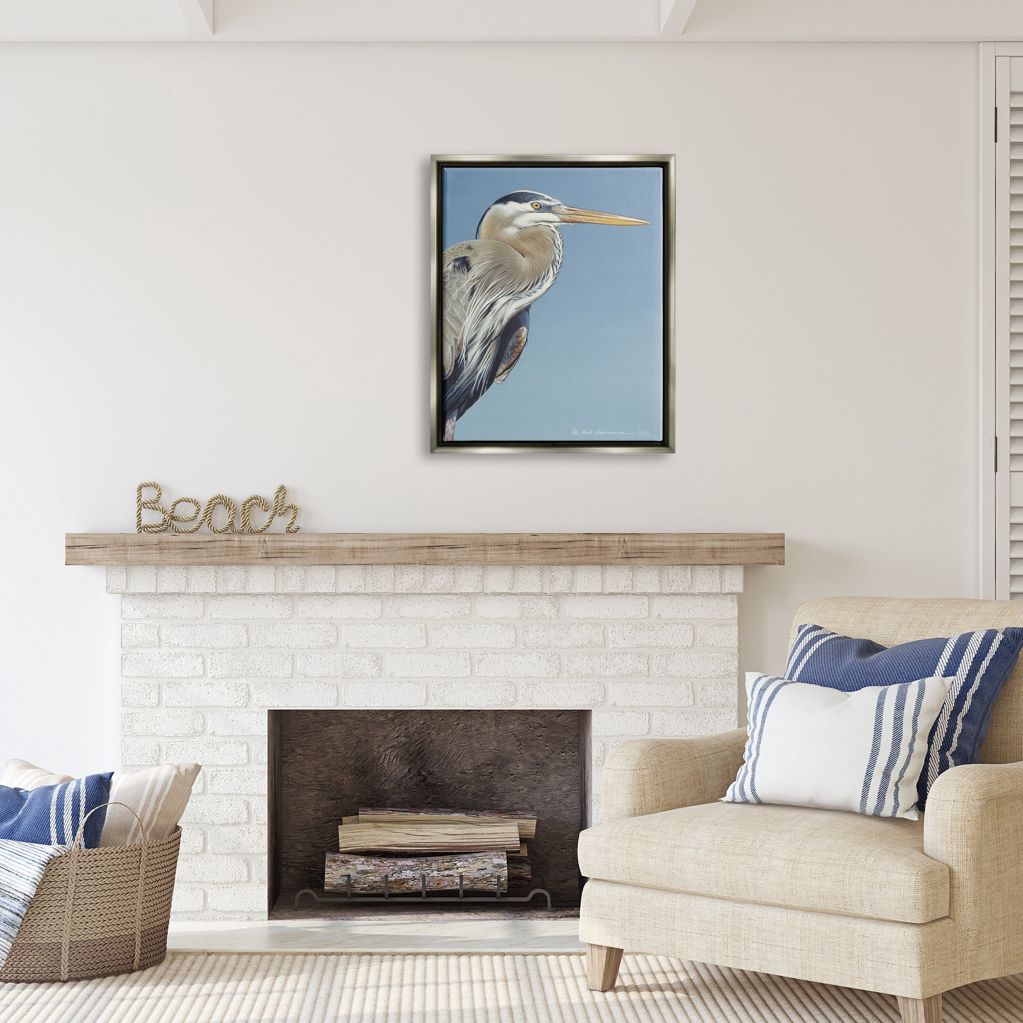 Stupell Industries Heron Portrait on Blue Animals & Insects Painting Gray Floater Framed Canvas Art Print Wall Art, 25 x 31