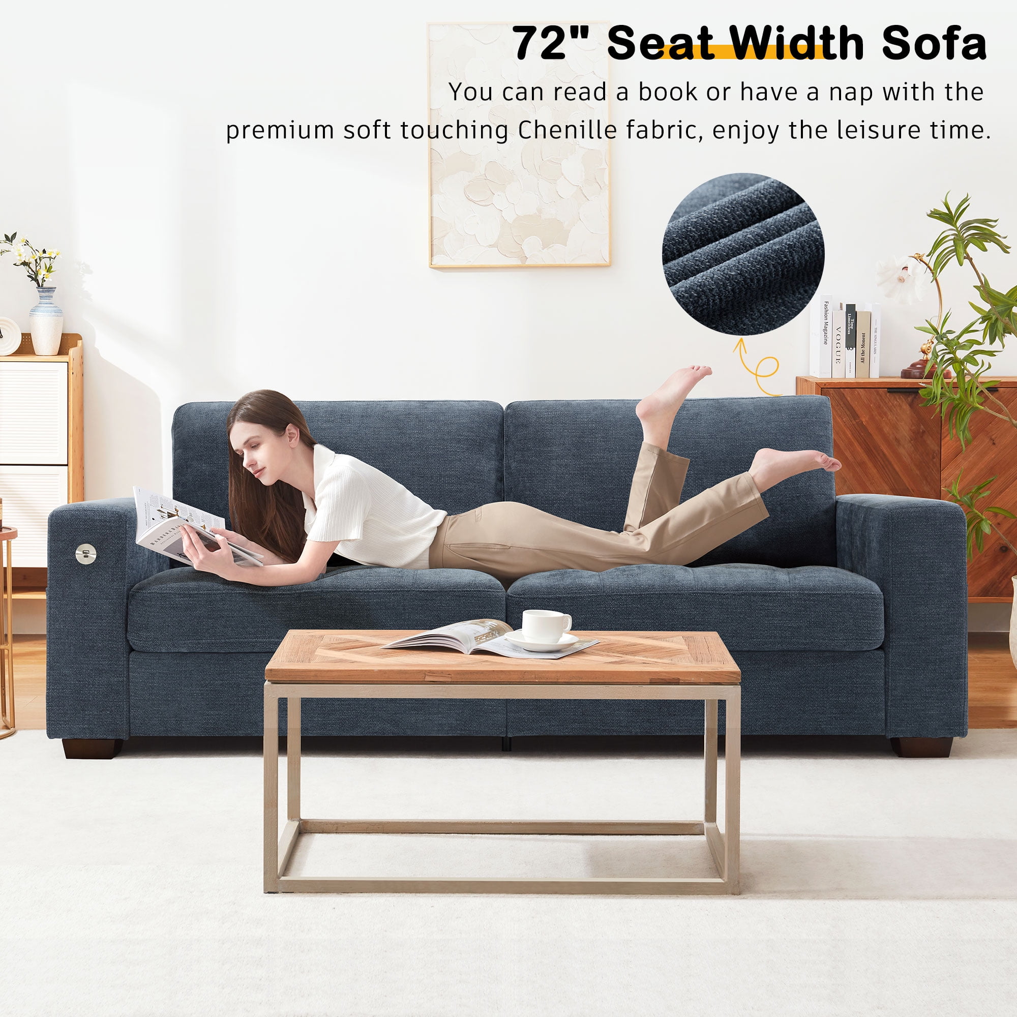 Bedluxury 89" Deep Sofa Couch with USB/Type-C Charging, Storage Pocket & Wide Armrest, Removable Cover, Seats 3 Adults, Chenille Blue