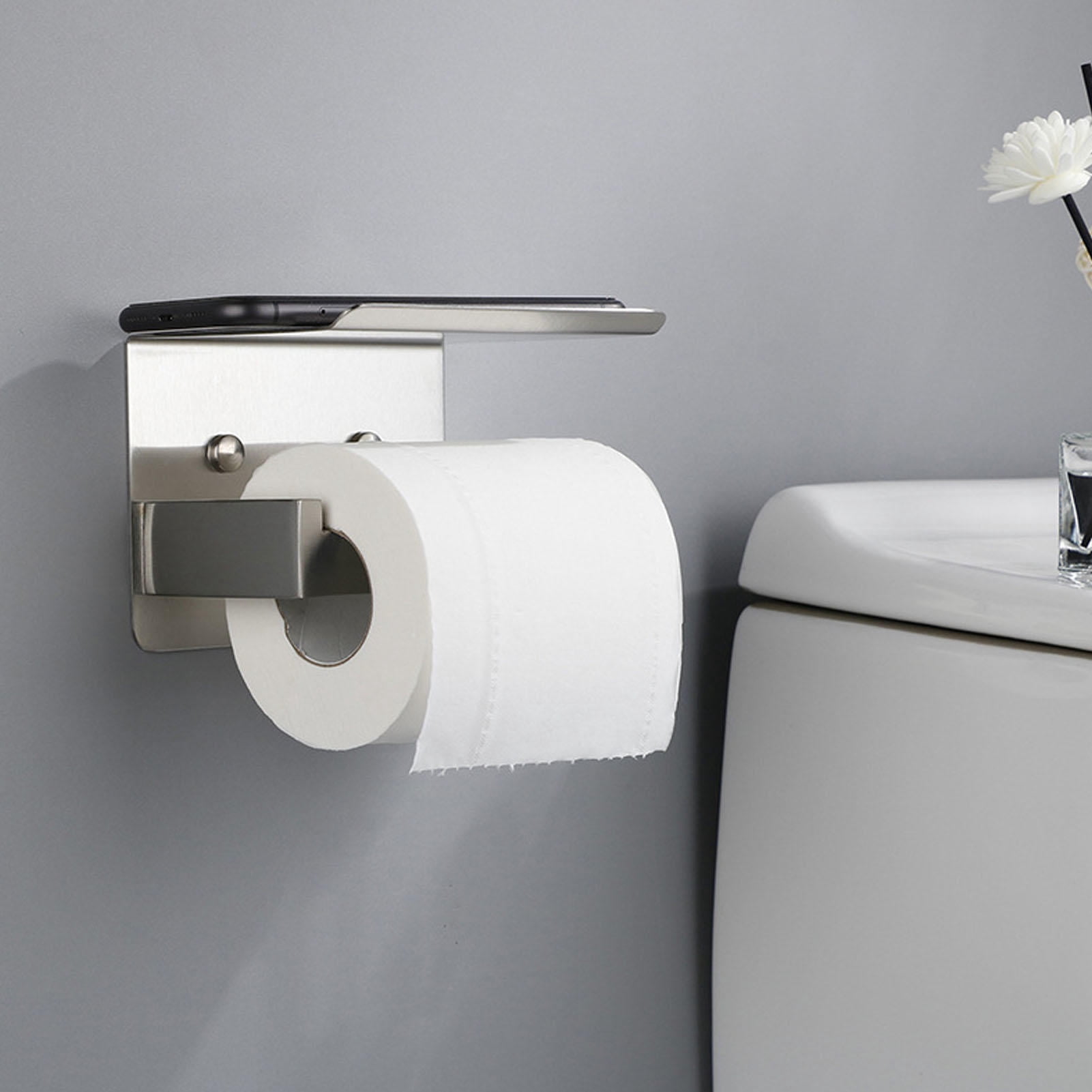 Suodoka Stainless Steel Toilet Paper Holder with Shelf – Rust‑Resistant, Easy Install, Mobile Phone Storage, Elegant Design