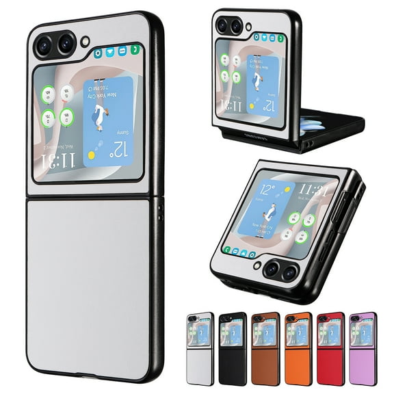 Case for Samsung Galaxy Z Flip 5, PU Vegan Leather Back & Hard PC Bumper Wireless Charging Shockpoof Protective Slim Anti-Scratch Phone Case for Samsung Galaxy Z Flip 5 - White