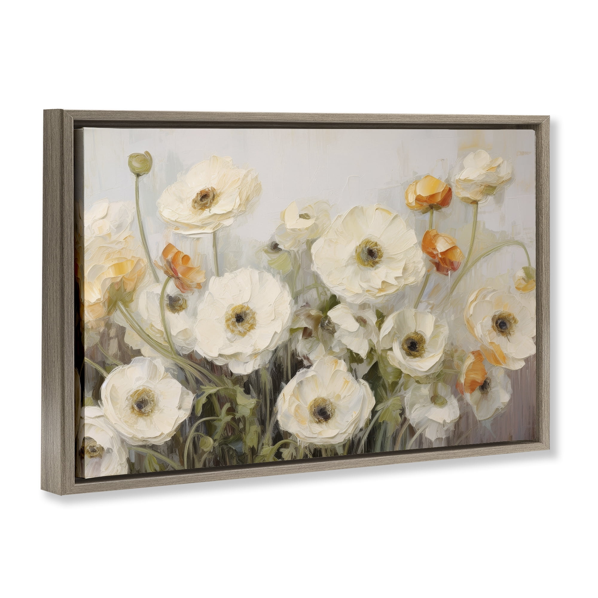 Stupell Industries White Ranunculus Blooms Plants & Flowers Painting Brown Floater Framed Canvas Art Print Wall Art, 25 x 17