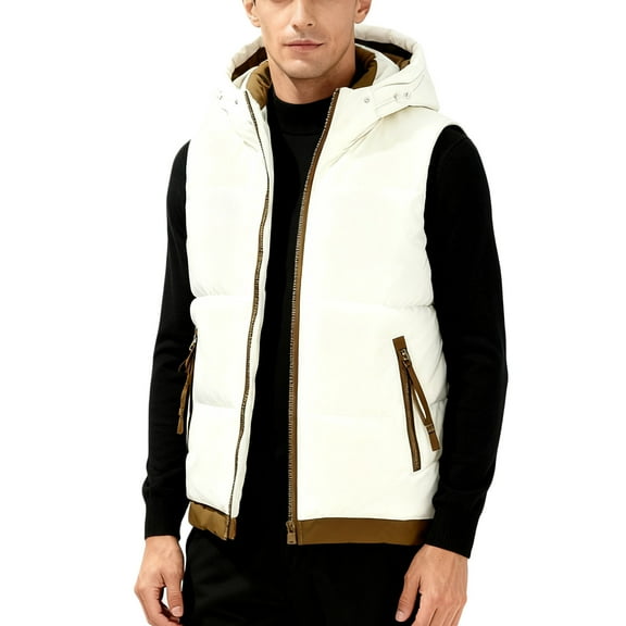 Zedker Men's Hooded Puffer Jacket Vest Winter Warm Sleeveless Jacket Zipper Quilted Puffy Vests with Pockets Beige L