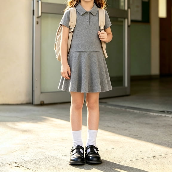 Girls Pique Polo Dress, Short Sleeve School Uniform A-Line Casual Dress for Kids