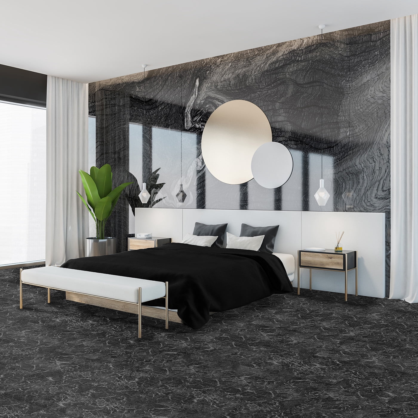 PowerSellerUSA Charcoal Marble Black Vinyl Floor Tiles Self Stick Peel Flooring 12" x 12", 5-Pack (100 Pieces)