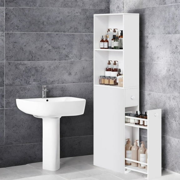 LEDREM Narrow Storage Cabinet with Adjustable Shelf & Drawers, Freestanding Slim Organizer for Small Spaces, Modern Style, White