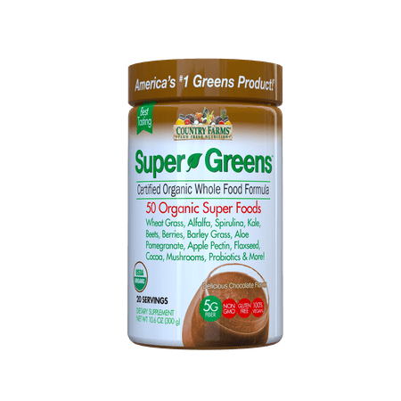 - Country Farms Super Greens Drink Mix, Chocolate, 10.6 oz., 20 Servings