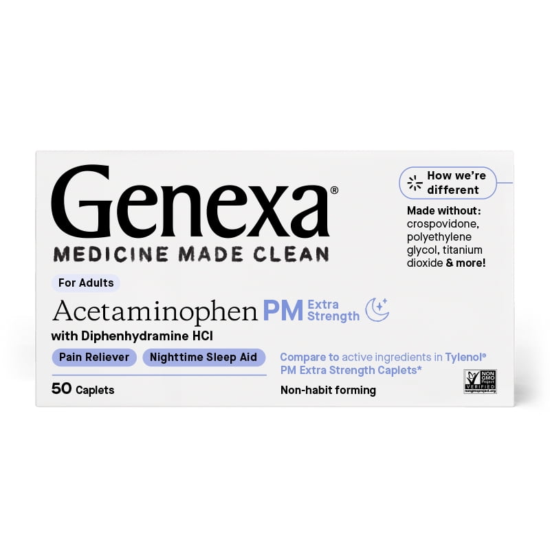 Genexa Extra Strength Pain & Fever PM Acetaminophen & Sleep Aid Caplets, 50 Ct