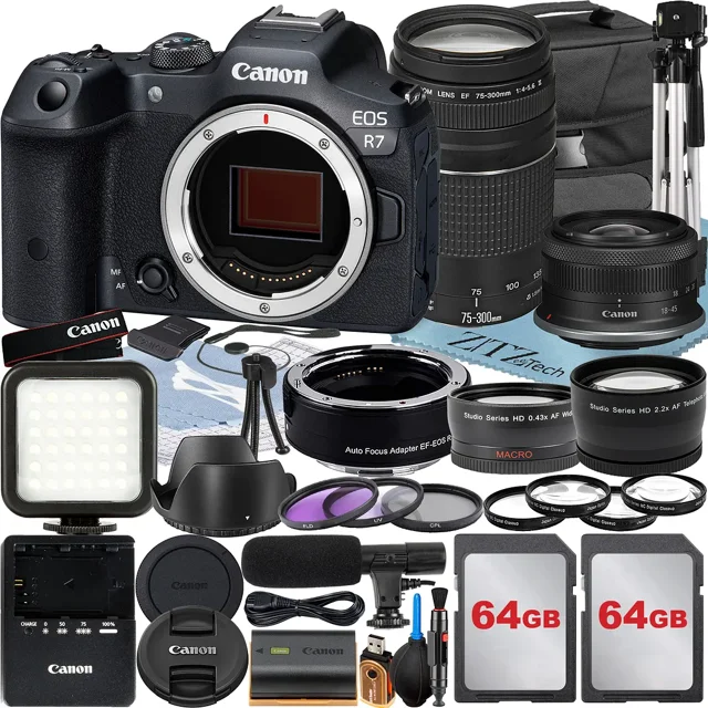 Canon EOS R7 Mirrorless Camera with RF-S 18-45mm + EF 75-300mm Lens + Mount Adapter + 2 Pack 64GB Memory Card + Case + ZeeTech Accessory