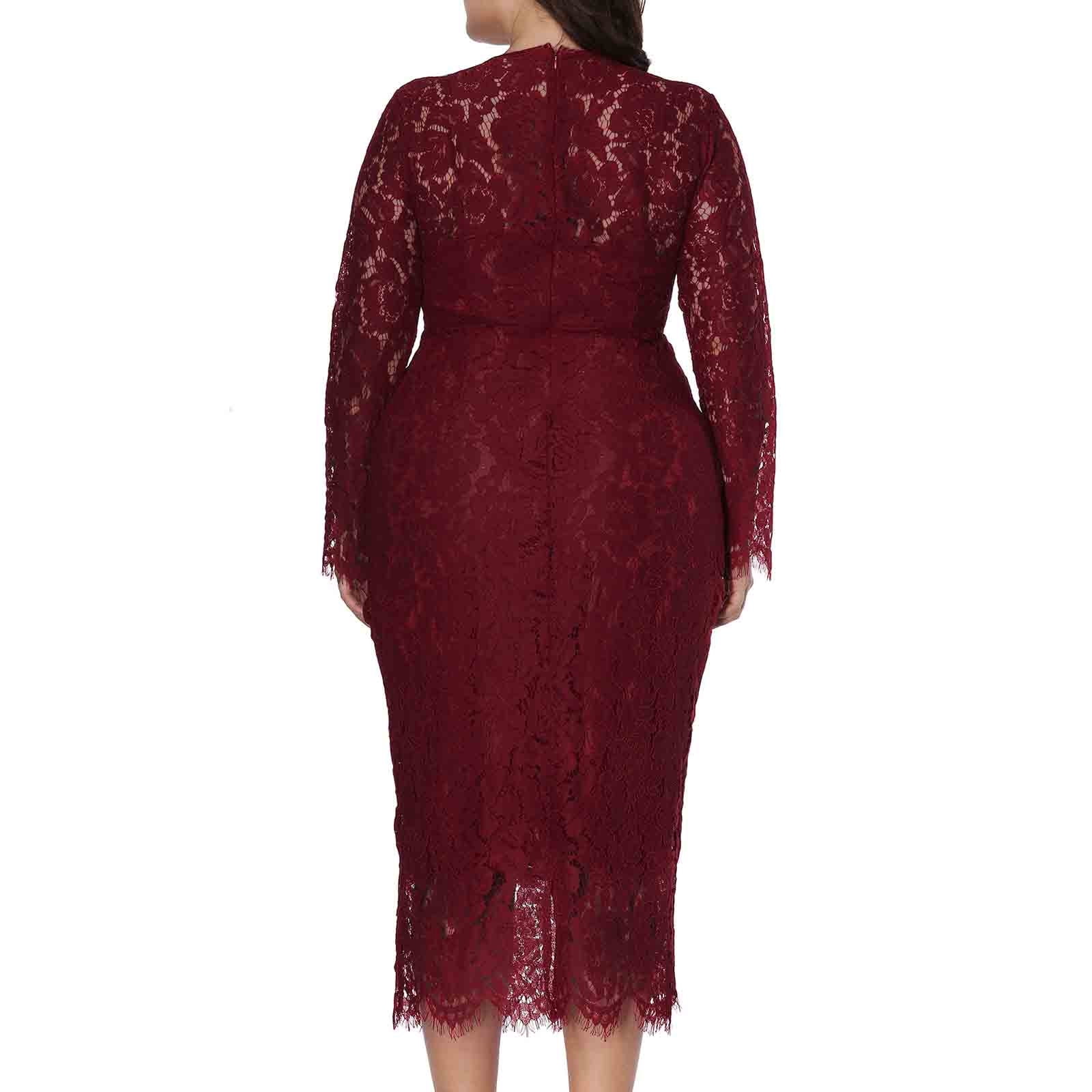 SCSAlgin Evening Dress for Women Lace Long Sleeve Plus Size Dress Solid Color Slim Fit Hollow Out Midi Dresses